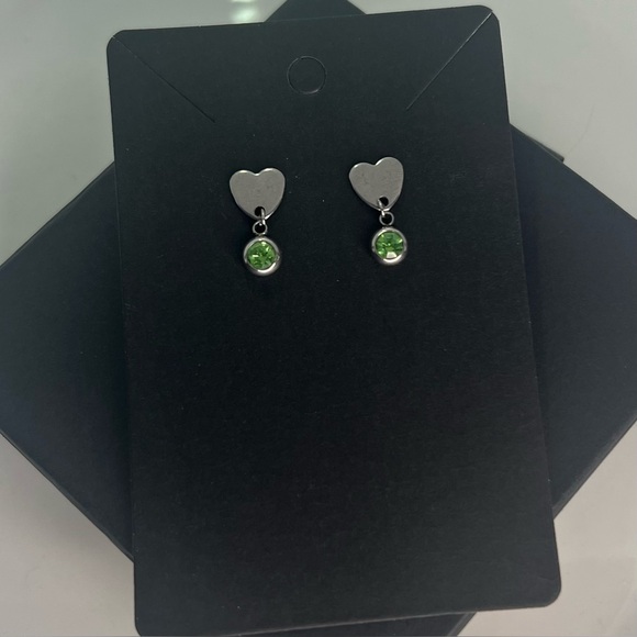 ❣️ Exclamation Heart Emoji Earrings with Green CZ Stone ❣️ - Picture 2 of 2